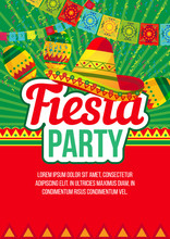 Colorful Design Of Party Advertising Poster About Bright Mexican Fiesta With Sombrero Hats And Flags In Layout
