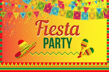 Colorful vector design of invitation card calling to Fiesta party in ethnic vivid style on yellow background