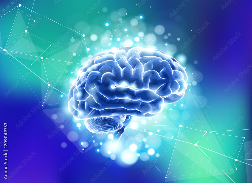Human brain on a blue technological background surrounded by ...