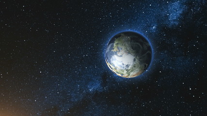 Wall Mural - space view on planet earth and sun star rotating on its axis in black universe. milky way in the bac