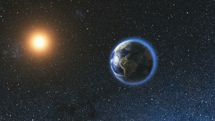 Wall Mural - space view on planet earth and sun star rotating on its axis in black universe. seamless loop with d