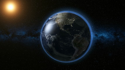 Wall Mural - space view on planet earth and sun star rotating on its axis in black universe. seamless loop with d