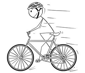 Canvas Print - Cartoon stick drawing illustration of man in helmet riding or cycling on bicycle.