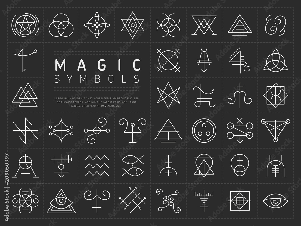 Vector collection of various simple linear white symbols od magic craft on dark gray background - obrazy, fototapety, plakaty 