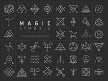 Vector Collection Of Various Simple Linear White Symbols Od Magic Craft On Dark Gray Background