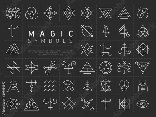 Cuadros en Lienzo Vector collection of various simple linear white symbols od magic craft on dark