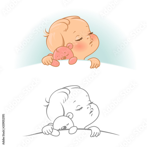 Sleeping Baby Set With Cute Little Sleeping Baby Baby Girl Or Boy Sleep In Bed At Night Teddy Bear In Hands Line Art Monochrome Vector Illustration Buy This Stock Vector And