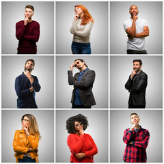 Canvas Print - Group of mixed people, women and men thinking and looking up expressing doubt and wonder