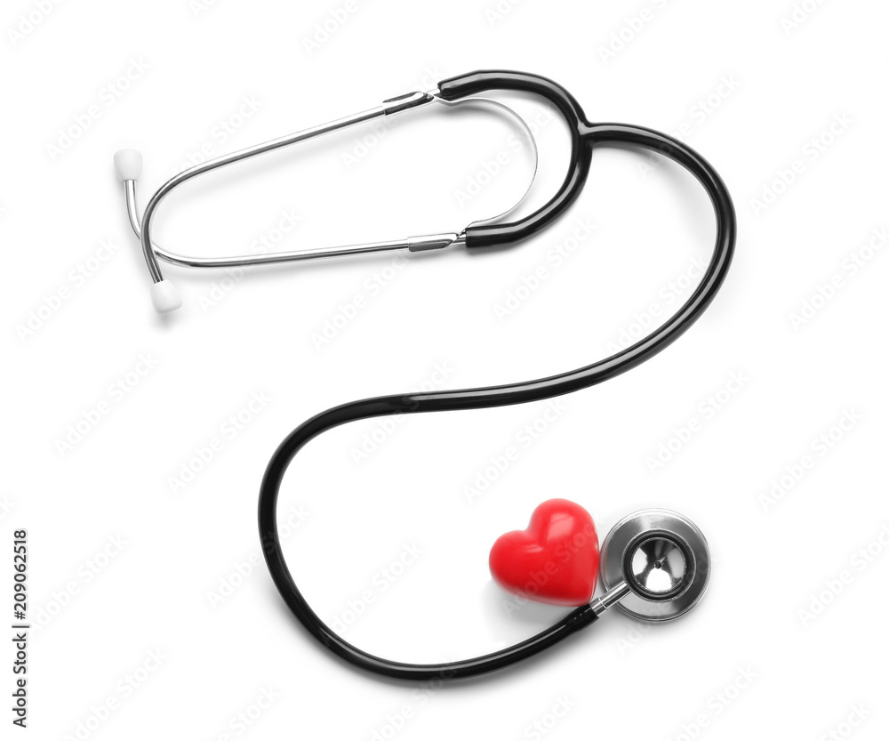Medical stethoscope with heart on white background. Health care concept