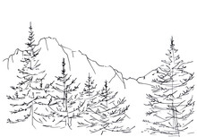 Landscape With A Mountain Chain And Forest. In The Foreground There Are Three Tall Firs. Hand-drawn Linear Illustration On Paper. Sketch With Ink On A White Background.