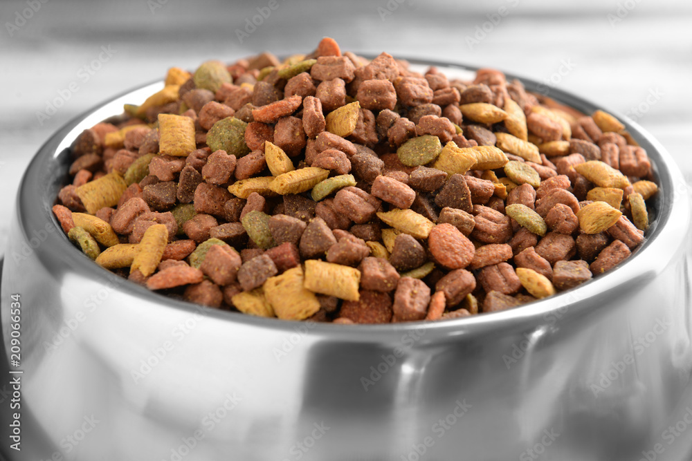 Bowl with pet food on table, closeup