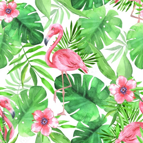 Naklejka na kafelki Seamless tropical pattern with pink flamingos. Watercolor illustration 3