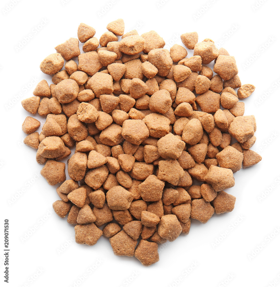 Pile of pet food on white background