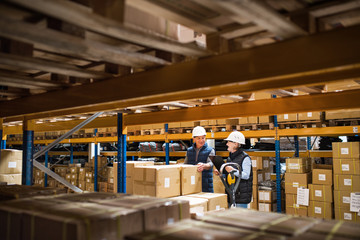 Senior woman and man managers or supervisors working in a warehouse.