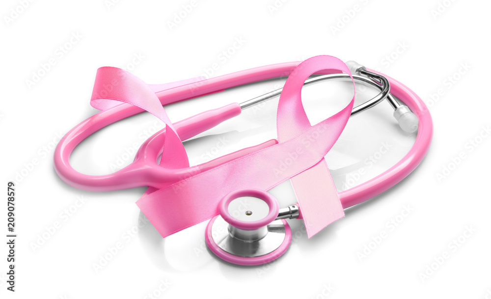 Pink ribbon and stethoscope on white background. Breast cancer awareness concept