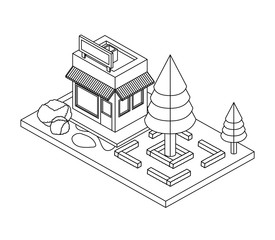 Wall Mural - store building exterior with landscape isometric vector illustration design