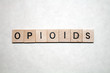 Opioids written on wooden blocks with black letters on a white background. Concepts of drug abuse, opioid crisis, prescription drugs