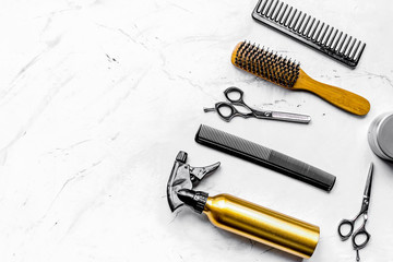 Wall Mural - hairdresser working desk with tools on white background top view