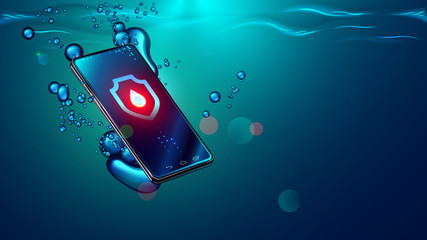 Poster - Black smartphone fall in water. Mobile smart phone sinks underwater surface. Electronic waterproof or water resistance phone dive in sea with bubbles Icon waterproof shield with drop on screen devices