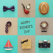 Top View Collage With Man Life Style Objects. Father's Day Concept.