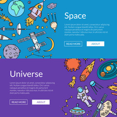 Poster - Vector hand drawn space elements horizontal web banners illustration