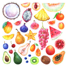 Hand Painted Fruits Set. Watercolor Collection Of Cherry, Mandarin, Apricot,  Orange, Raspberry, Nectarine, Muskmelon, Grapes, Coconut, Fig, Pitaya, Pear And Other Isolated On White Background