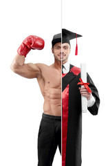 Photo comparison of university's graduate and boxer's outlook. Student wearing black and red graduation gown, keeping diploma. Boxer wearing boxer gloves ,sport trousers, a cap.