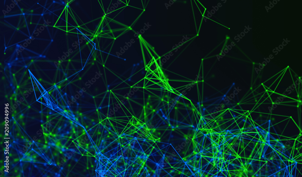 Digital data points and green network connection lines on black ...