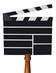 Wall Mural - Clapper board on wooden pole with copy space. Isolated.