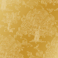 golden oak tree and birds background. hand drawn seamless pattern in vector format.