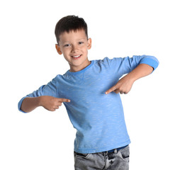 Little boy in long sleeve t-shirt on white background. Mock-up for design