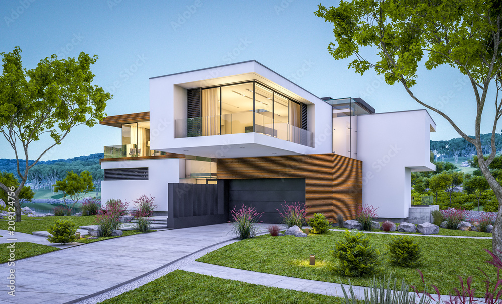 3d rendering of modern house by the river at evening - obrazy, fototapety, plakaty 
