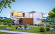 © korisbo - 3d rendering of modern house by the river at evening