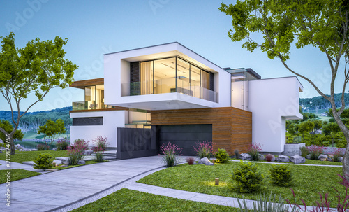 Cuadros en Lienzo 3d rendering of modern house by the river at evening