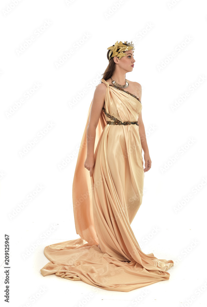 full length portrait of brunette woman wearing long golden grecian gown,  standing pose. isolated on white studio background. Stock Photo | Adobe  Stock