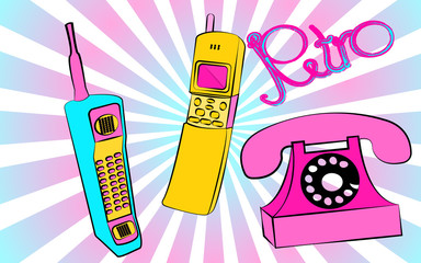 Poster - Set of old yellow blue and blue retro button retro vintage hipster square mobile phones and a disk wired telephone and an inscription retro against a background of purple rays.