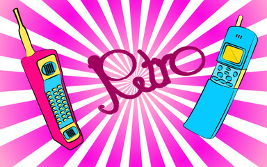 Poster - Set of  two old violet and blue retro retro vintage Hipster vintage square first mobile phones with long antenna and sliders and retro inscription on a violet background.