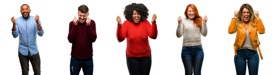 Poster - Group of cool people, woman and man happy and surprised cheering expressing wow gesture