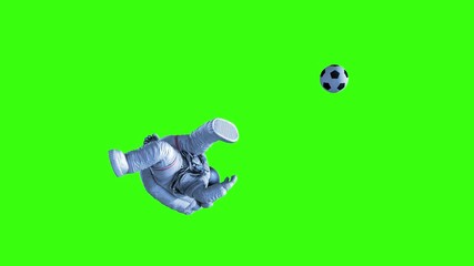 Wall Mural - astronaut shoots on goal on a green background and in outer space. beautiful abstract 3d animation. 