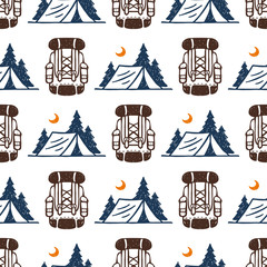 Wall Mural - vintage woods camp seamless pattern background travel hand drawn emblems nature mountain camp outdoo