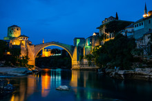Twilight View Of Crooked Bridge, Mostar, Bosnia