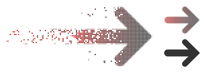 Fototapete - Vector arrow right icon in dissolved, dotted halftone and undamaged solid variants. Disintegration effect involves square particles and horizontal gradient from red to black.