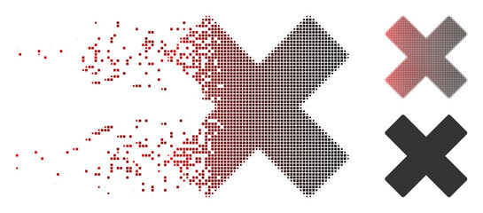 Vector delete x-cross icon in sparkle, dotted halftone and undamaged entire versions. Disintegration effect uses rectangle sparks and horizontal gradient from red to black.