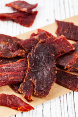 Poster - Beef Jerky. Selective focus.