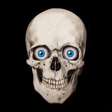 Human Realistic Skull With Blue Eyes. Black Background. Anatomy Vector Illustration.