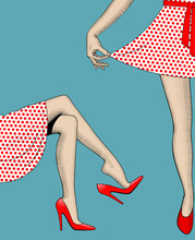 Woman's Legs And Hand Pull The Edge Of The Polka-dot Dress