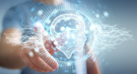 Poster - Businessman using digital artificial intelligence icon hologram 3D rendering