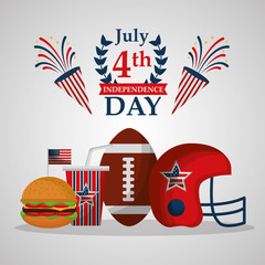 american independence day football ball helmet burger soda celebrating party vector illustration