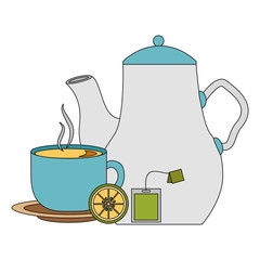 Canvas Print - tea pot and cup lemon and teabag vector illustration