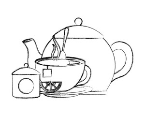 Wall Mural - teapot cup spoon and bowl sugar lemon vector illustration sketch